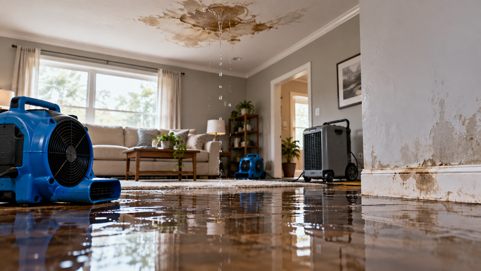 Water-damaged living room with restoration drying equipment