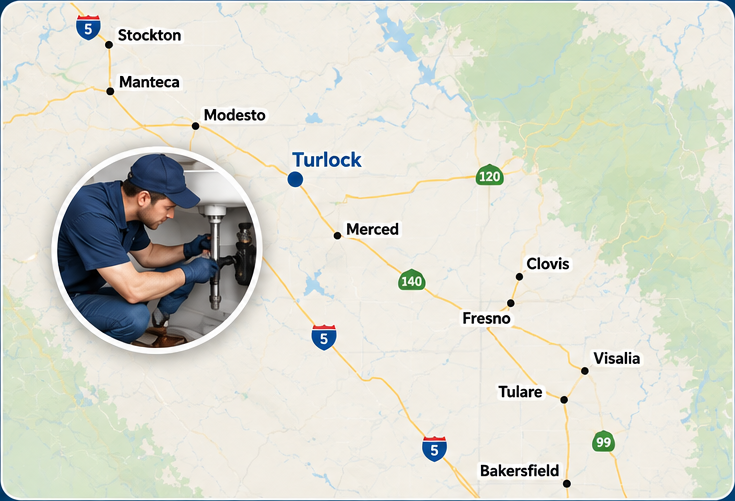 Central Valley California plumbing service area with plumbing professional