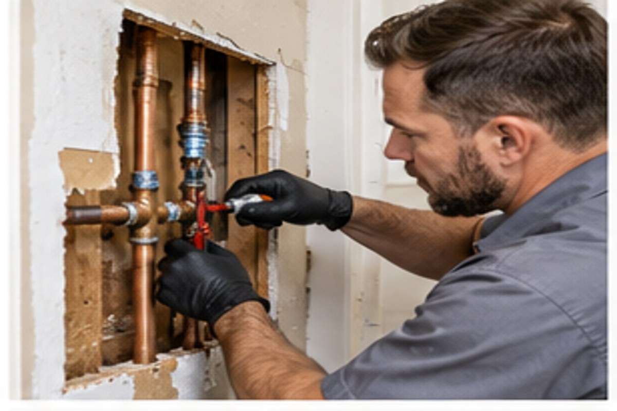 Plumber working on a residential pipe leak